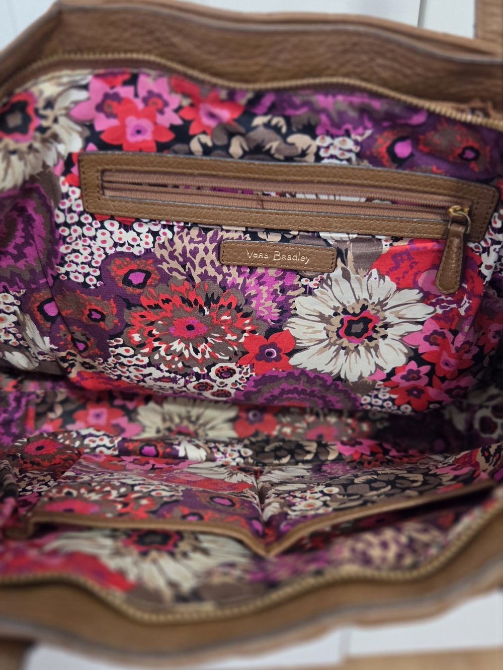 Vera Bradley Quilted Brown Leather Laptop Tote Bag - Picture 5 of 10